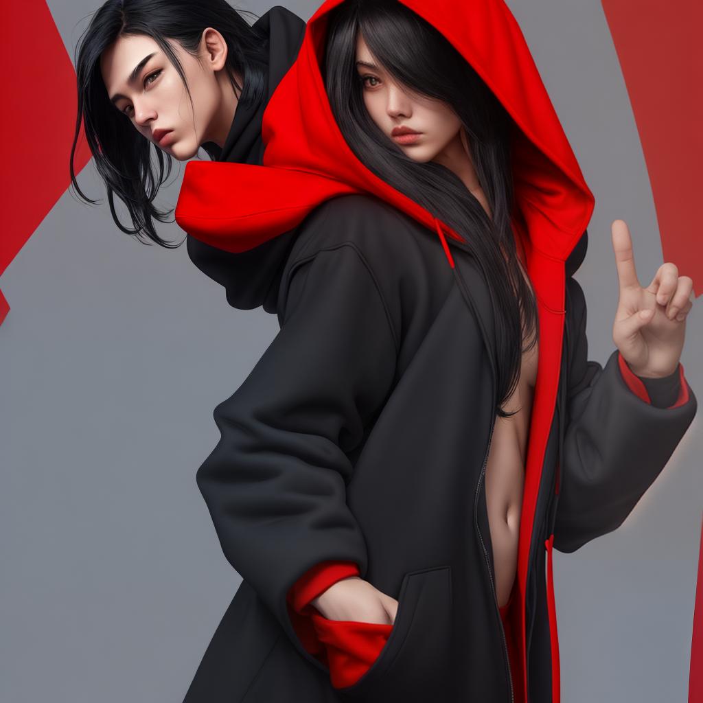  , black coat, big , xy body, wear red hoodie ,blue body, bring peace to the world