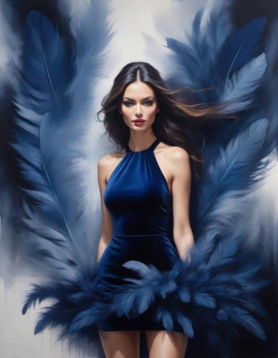  abstract expressionist painting Portrait of a beautiful girl in a dark blue velvet Lorrain dress, on beautiful hair adorned with soft feathers of dark blue colour . energetic brushwork, bold colors, abstract forms, expressive, emotional hyperrealistic, full body, detailed clothing, highly detailed, cinematic lighting, stunningly beautiful, intricate, sharp focus, f/1. 8, 85mm, (centered image composition), (professionally color graded), ((bright soft diffused light)), volumetric fog, trending on instagram, trending on tumblr, HDR 4K, 8K