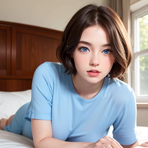  short, hair, blue eyes, large natural, open, on a bed, NSFW