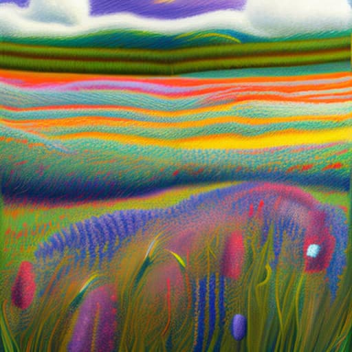 wa-vy style Tall grass, poppies and purple lupins in field. Blond haired girl in white dress holding bouquet of flowers sky is blue few clouds sun streams through clouds vivid colors looks like impressionistic painting painting vivid color dream like