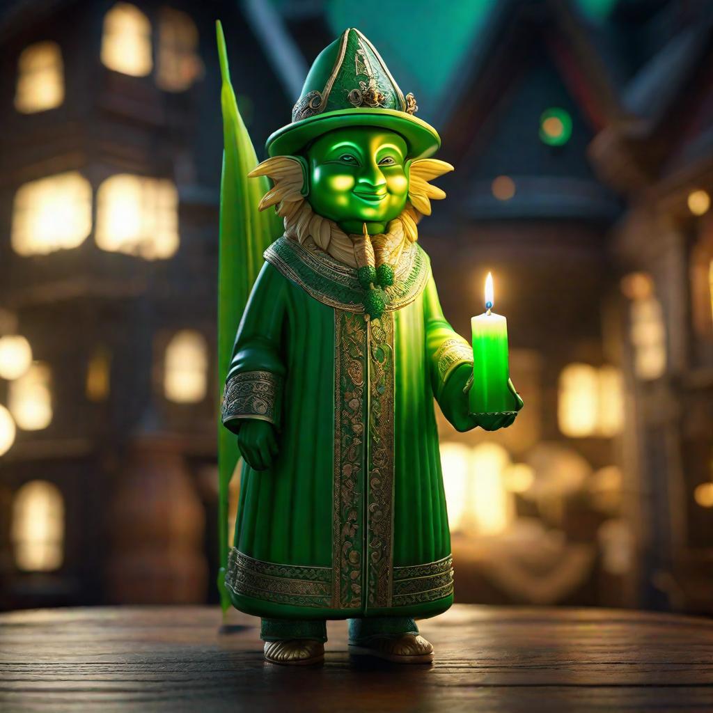  bananabot holding a giant green candle hyperrealistic, full body, detailed clothing, highly detailed, cinematic lighting, stunningly beautiful, intricate, sharp focus, f/1. 8, 85mm, (centered image composition), (professionally color graded), ((bright soft diffused light)), volumetric fog, trending on instagram, trending on tumblr, HDR 4K, 8K