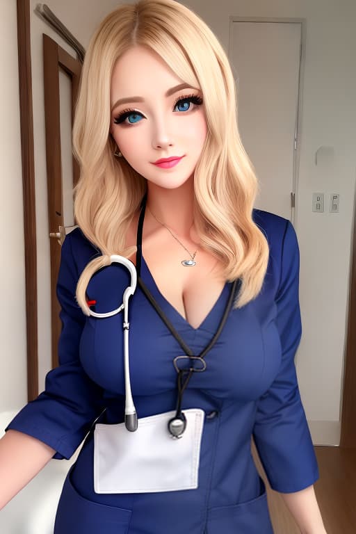  Blonde, blue eyes, big tits, blush, long hair, nurse uniform, hand job, woman.