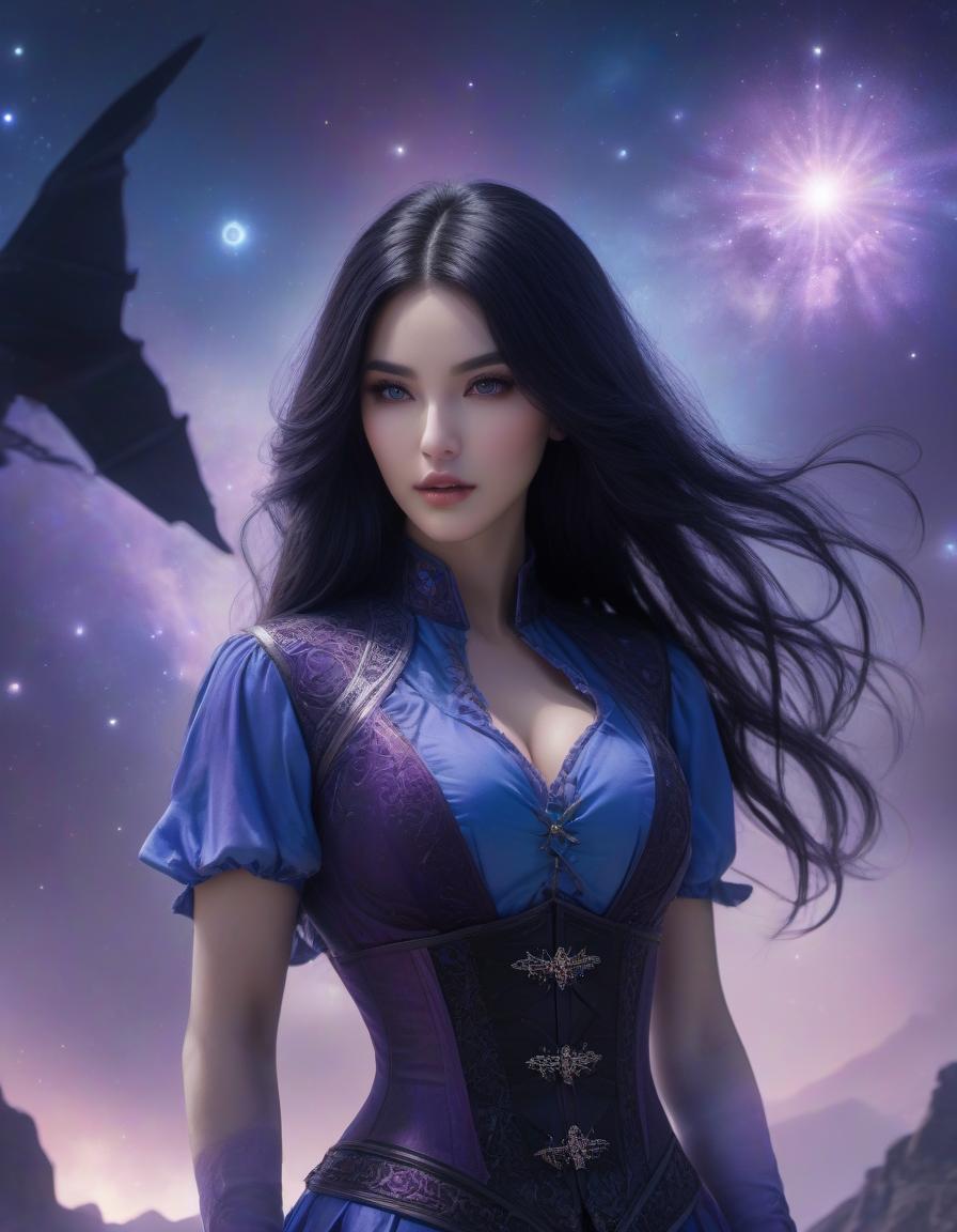  (masterpiece, top quality, best quality, official art, beautiful and aesthetic:1.2), girl, detailed face, long black hair, full body, blue shirt with high collar, violet corset, long blue skit, celestial, cosmic, extremely beautiful, high detailed, (galactic in background), luminous effects, highest detailed, floating particles, ancient runes, geometric patterns, V0id3nergy , mana, shadows, epic atmosphere hyperrealistic, full body, detailed clothing, highly detailed, cinematic lighting, stunningly beautiful, intricate, sharp focus, f/1. 8, 85mm, (centered image composition), (professionally color graded), ((bright soft diffused light)), volumetric fog, trending on instagram, trending on tumblr, HDR 4K, 8K