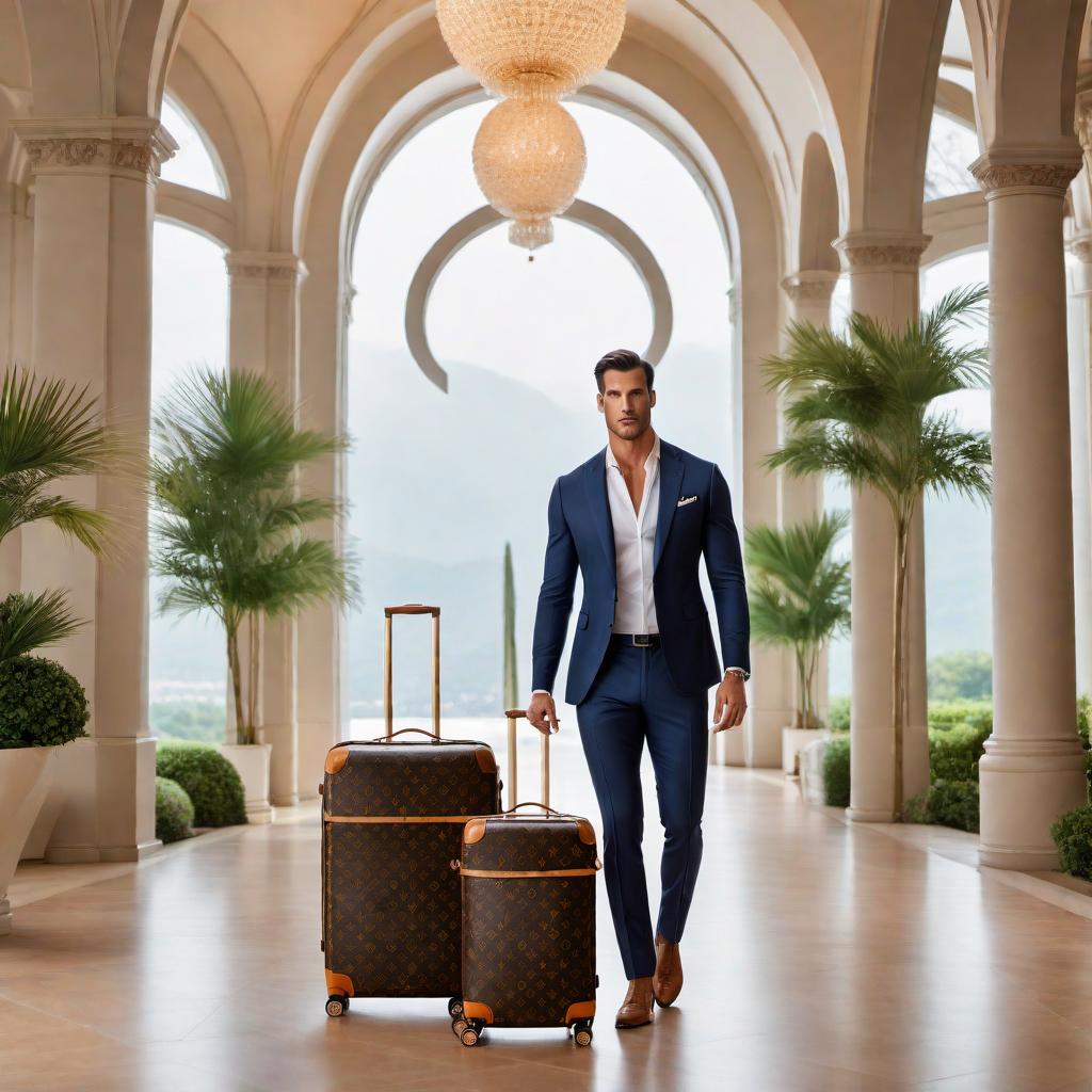  A beautiful man and woman with Louis Vuitton Pegase 55 rolling monogram luggage. The background should be neutral or travel-like, emphasizing the luxurious and fashionable nature of the luggage. hyperrealistic, full body, detailed clothing, highly detailed, cinematic lighting, stunningly beautiful, intricate, sharp focus, f/1. 8, 85mm, (centered image composition), (professionally color graded), ((bright soft diffused light)), volumetric fog, trending on instagram, trending on tumblr, HDR 4K, 8K