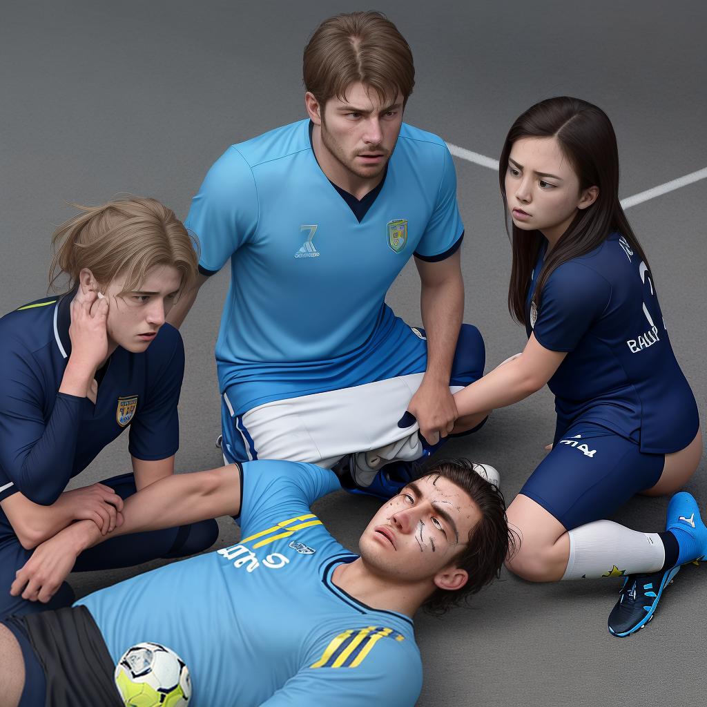  masterpiece, best quality, An injured soccer player is laying on the ground, his entire body is visible laying flat on his back. He has a dazzed and confused look on his face. The player' s mother and father are bent over looking at their son with a worried look on their faces. Teammates wearing the same uniform are looking on worried. The team doctor dressed in street clothes is examining the injured player. The head coach is looking with concern. This photo should evoke a sense of urgency and raise awareness about the consequences of head injuries in sports.