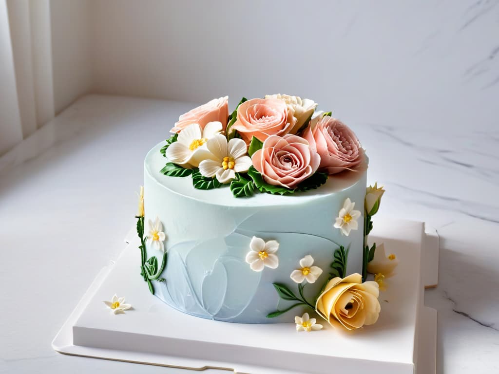  A highresolution, minimalist image of a beautifully decorated cake displayed on a marble countertop, with intricate piping details and delicate sugar flowers in soft pastel hues, casting a shadow that creates a subtle play of light and shadow. The focus is on the exquisite craftsmanship of the cake, showcasing the artistry and skill involved in pastry making, while the clean, uncluttered background enhances the elegance and sophistication of the dessert. hyperrealistic, full body, detailed clothing, highly detailed, cinematic lighting, stunningly beautiful, intricate, sharp focus, f/1. 8, 85mm, (centered image composition), (professionally color graded), ((bright soft diffused light)), volumetric fog, trending on instagram, trending on tumblr, HDR 4K, 8K