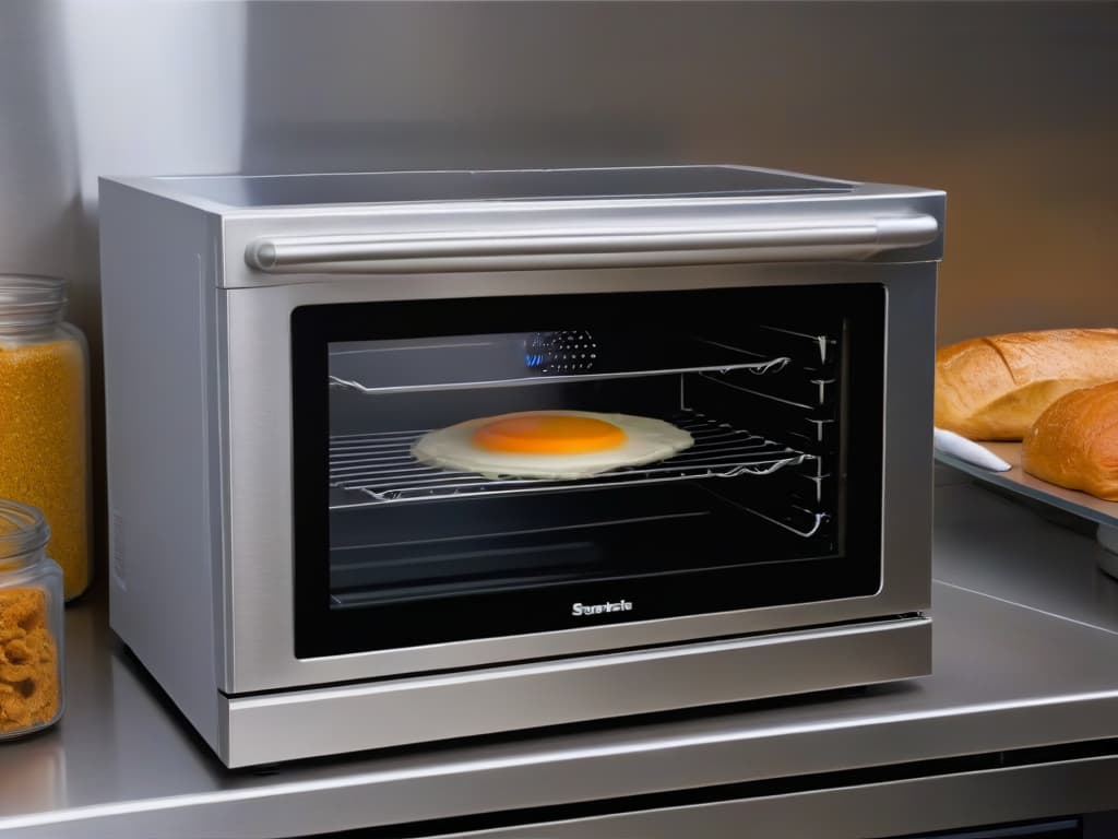  An intricately designed 8k ultradetailed image showcasing a modern, sleek convection oven in a pristine kitchen setting. The oven's glass door reflects a warm, inviting glow, hinting at the delectable treats baking inside. The stainless steel exterior gleams under the soft lighting, while the digital display panel shows precise temperature and timer settings. Next to the oven, a neatly arranged selection of traditional baking ingredients like flour, eggs, and vanilla beans adds a touch of nostalgia to the futuristic appliance. hyperrealistic, full body, detailed clothing, highly detailed, cinematic lighting, stunningly beautiful, intricate, sharp focus, f/1. 8, 85mm, (centered image composition), (professionally color graded), ((bright soft diffused light)), volumetric fog, trending on instagram, trending on tumblr, HDR 4K, 8K