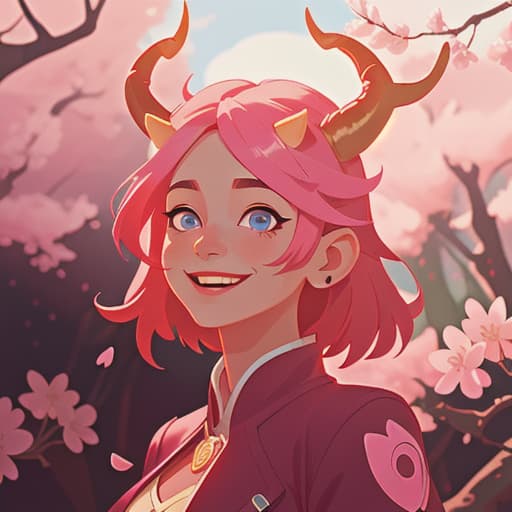  A happy female monster with small yellow horns, blue eyes, pink hair, detailed face detailed skin, cherry blossom forest background, dramatic lighting, scenery