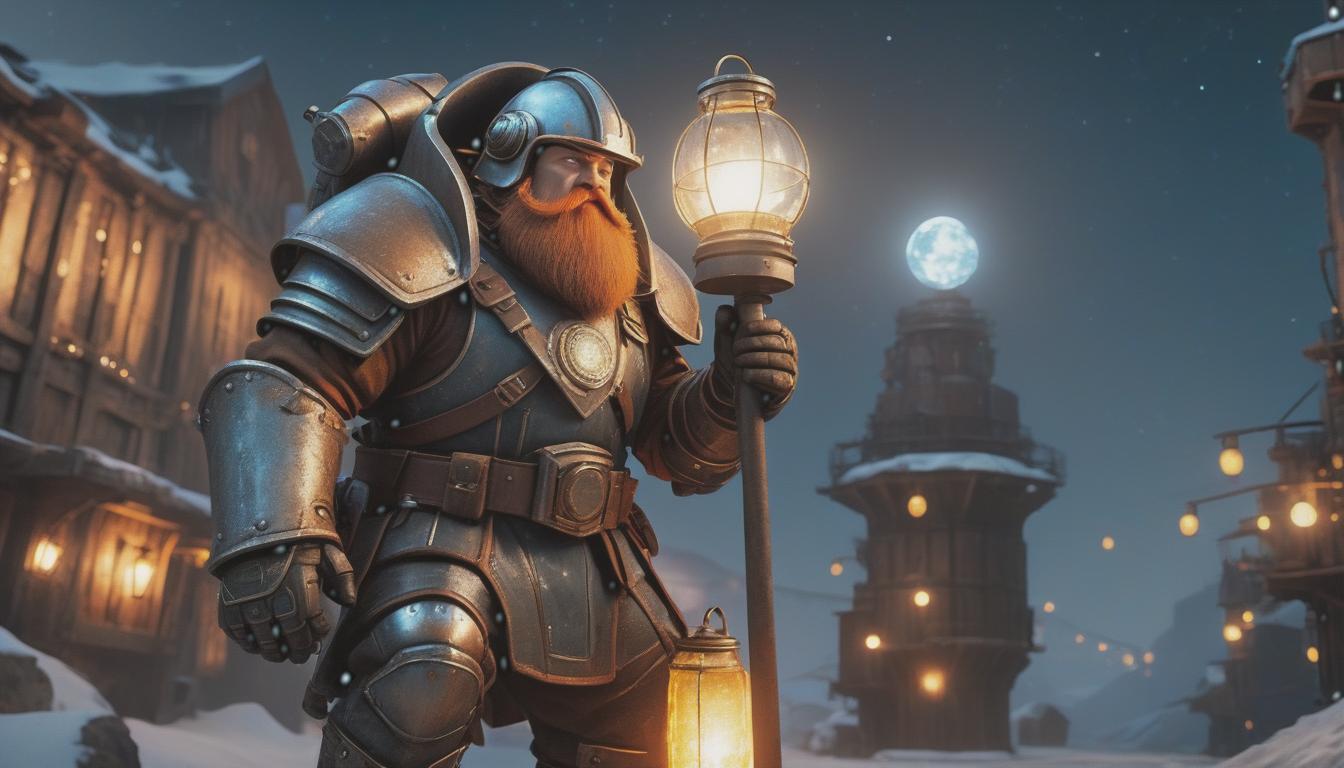  Dwarf. wearing rusty cybernetic armor. wearing a miner's helmet on his head. holding an ice lantern. holding a metal pickaxe. old rusty metal. Futuristic rusty city. evening. starry sky..Biomechanics. cybernetics. full body.cinematic.Ultra realistic. 3D . Epic. high detail. perfect lighting. perfect contrast. perfect composition hyperrealistic, full body, detailed clothing, highly detailed, cinematic lighting, stunningly beautiful, intricate, sharp focus, f/1. 8, 85mm, (centered image composition), (professionally color graded), ((bright soft diffused light)), volumetric fog, trending on instagram, trending on tumblr, HDR 4K, 8K