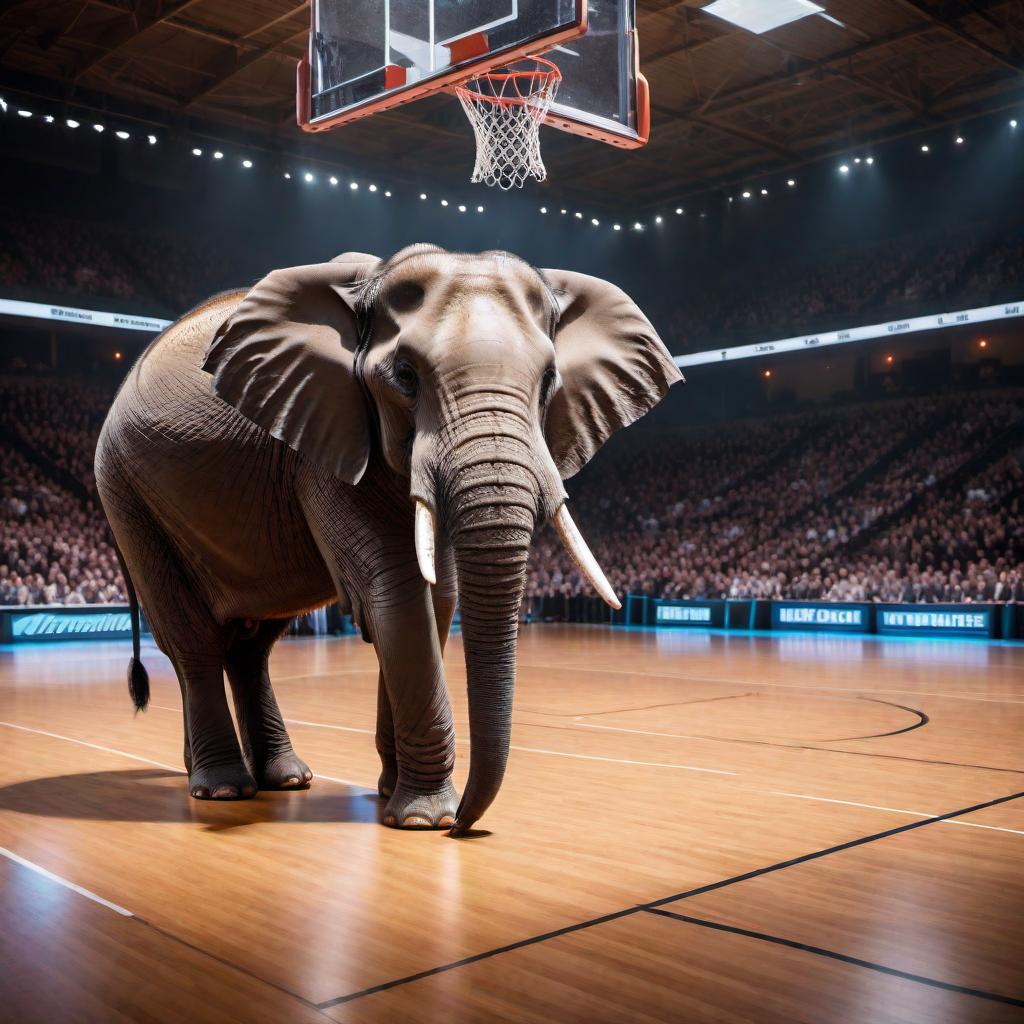  An elephant standing on a basketball court. The setting is a modern indoor basketball arena with bright lights and a polished wooden floor. The elephant is positioned in the center of the court, looking large and majestic. The hoops, lines, and audience seats are clearly visible in the background, creating a surreal and humorous contrast between the size of the elephant and the typical basketball environment. hyperrealistic, full body, detailed clothing, highly detailed, cinematic lighting, stunningly beautiful, intricate, sharp focus, f/1. 8, 85mm, (centered image composition), (professionally color graded), ((bright soft diffused light)), volumetric fog, trending on instagram, trending on tumblr, HDR 4K, 8K