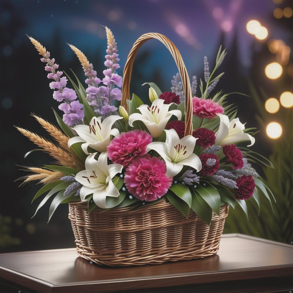  Luxury product style (Bouquet in a wicker basket). The handle of the basket is decorated with a white satin bow with brown polka dots. In the basket is a floral composition: of wheat ears, burgundy carnations, flowers, lavender and in the centre of the bouquet one white pink lily. (Background):night starry sky with flashes of fireworks. Style:fantasy, watercolour, landscape still life genre. . Elegant, sophisticated, high end, luxurious, professional, highly detailed hyperrealistic, full body, detailed clothing, highly detailed, cinematic lighting, stunningly beautiful, intricate, sharp focus, f/1. 8, 85mm, (centered image composition), (professionally color graded), ((bright soft diffused light)), volumetric fog, trending on instagram, trending on tumblr, HDR 4K, 8K