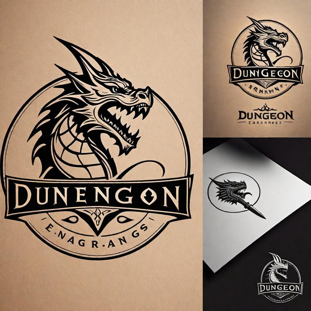  Design a logo for a laser engraving business named 'Dungeon Engravings'. The logo should be fantasy-themed, featuring a stylized dragon, medieval elements like a sword or a castle turret, and include the business name 'Dungeon Engravings' in a mystical, gothic font. Aim for a balance between the adventurous spirit of a fantasy setting and the modern precision of laser engraving, with a color scheme that reflects a dungeon's mystical and dark ambiance, but also includes some brighter accents to symbolize the laser's energy. hyperrealistic, full body, detailed clothing, highly detailed, cinematic lighting, stunningly beautiful, intricate, sharp focus, f/1. 8, 85mm, (centered image composition), (professionally color graded), ((bright soft diffused light)), volumetric fog, trending on instagram, trending on tumblr, HDR 4K, 8K