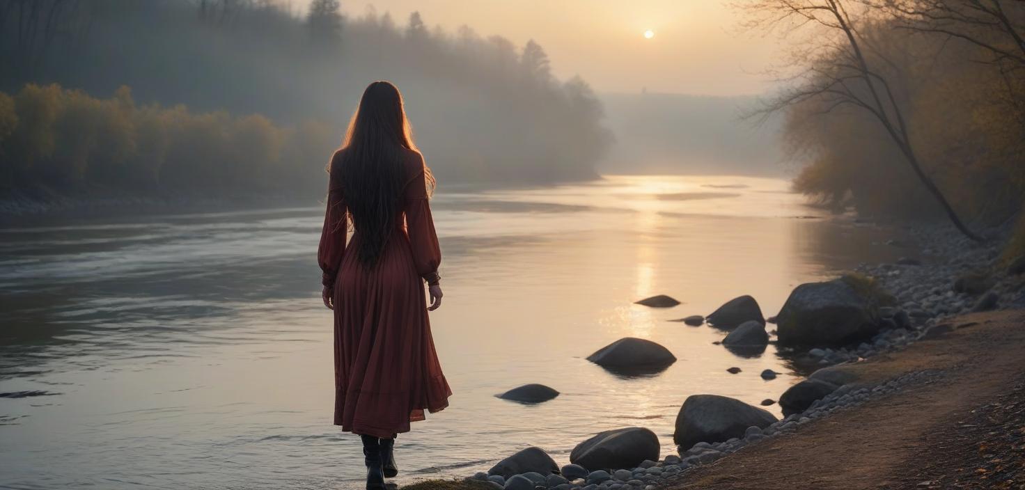  A long haired girl walks along the river at sunset. hyperrealistic, full body, detailed clothing, highly detailed, cinematic lighting, stunningly beautiful, intricate, sharp focus, f/1. 8, 85mm, (centered image composition), (professionally color graded), ((bright soft diffused light)), volumetric fog, trending on instagram, trending on tumblr, HDR 4K, 8K