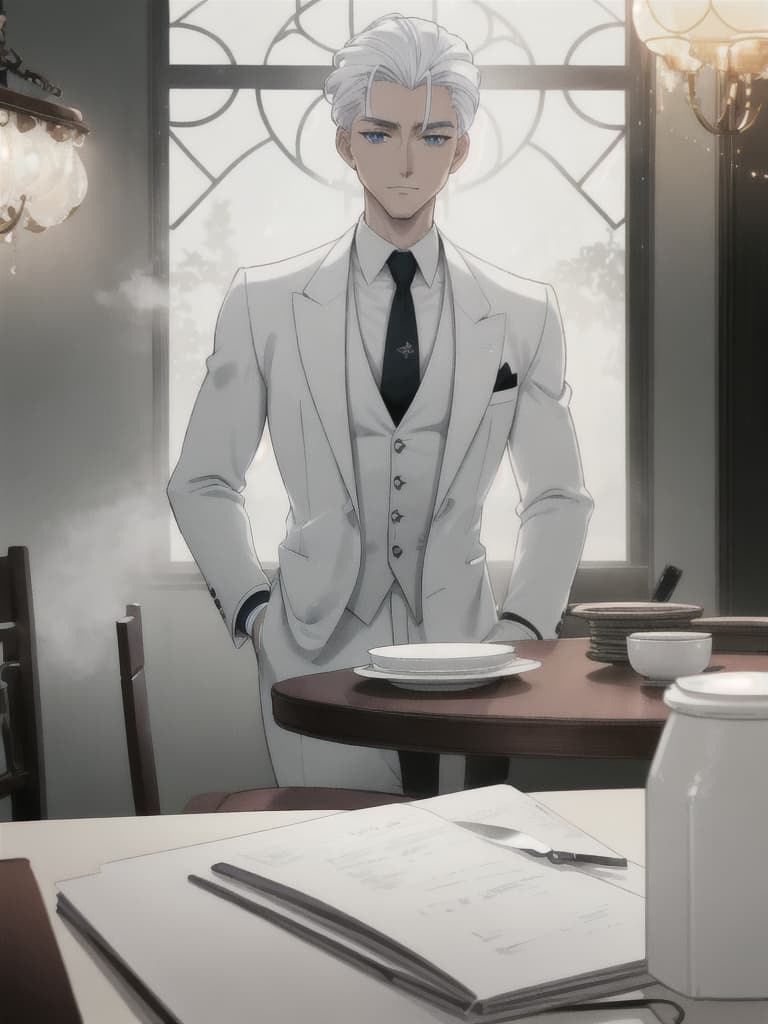  (masterpiece, best quality, anime cartoon 1man), (caucasian ethnicity, pale skin), young, wide body, blue eyes, slicked back hair, white hair, suit and shirt clothing, Wearing a suit and shirt, sitting at the dinner table in a fancy restaurant at night with dim lights  hyperrealistic, full body, detailed clothing, highly detailed, cinematic lighting, stunningly beautiful, intricate, sharp focus, f/1. 8, 85mm, (centered image composition), (professionally color graded), ((bright soft diffused light)), volumetric fog, trending on instagram, trending on tumblr, HDR 4K, 8K