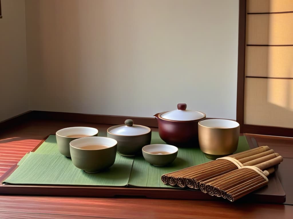  An ultradetailed, minimalistic image of a traditional Japanese tea ceremony set featuring a delicate porcelain teapot, matching cups, and a bamboo whisk, all arranged on a serene tatami mat against a backdrop of a sliding paper door with soft natural lighting filtering through, casting gentle shadows. The intricate details of the tea set, the textures of the tatami mat, and the subtle play of light and shadow create a serene and elegant composition that embodies the essence of Japanese delicacy and precision. hyperrealistic, full body, detailed clothing, highly detailed, cinematic lighting, stunningly beautiful, intricate, sharp focus, f/1. 8, 85mm, (centered image composition), (professionally color graded), ((bright soft diffused light)), volumetric fog, trending on instagram, trending on tumblr, HDR 4K, 8K