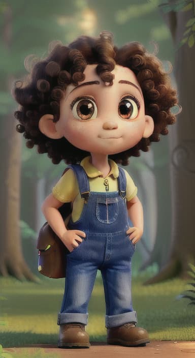  {The tree with a twinkling eye, while its leaves gently rustle., Riley, a curious with big brown eyes and curly hair, wearing overalls and carrying a small backpack. Their friend, Skye, a bluebird with shiny feathers.