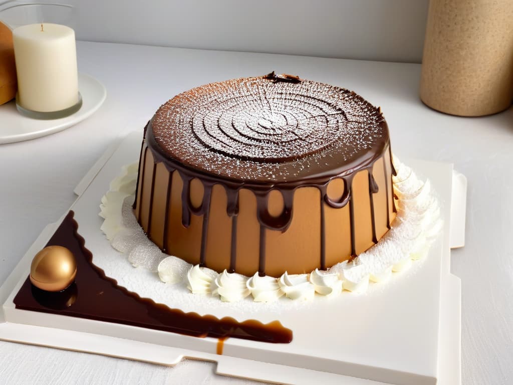  A highresolution, minimalist image of a perfectly sliced Dobos Torte, showcasing its intricate layers of sponge cake and chocolate buttercream, topped with caramel shards and a dusting of powdered sugar. The cake sits on a sleek, modern white plate, against a simple, elegant background to emphasize the beauty and craftsmanship of this iconic Hungarian dessert. hyperrealistic, full body, detailed clothing, highly detailed, cinematic lighting, stunningly beautiful, intricate, sharp focus, f/1. 8, 85mm, (centered image composition), (professionally color graded), ((bright soft diffused light)), volumetric fog, trending on instagram, trending on tumblr, HDR 4K, 8K