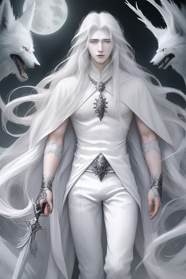  White wolf who regrets tears, long hair, beautiful young man, fantasy