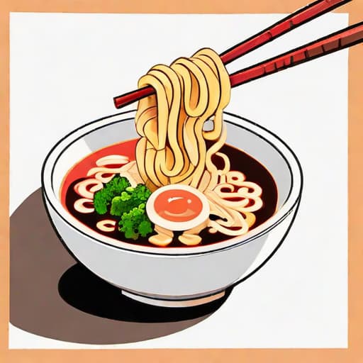  Draw a friendly and vibrant bowl of noodles with chopsticks sticking out of it, evoking the inviting and appetizing nature of your restaurant. ((for a logo)), minimalistic, vector illustration, (simple), (white background), no background, for a company, strong color contrast
