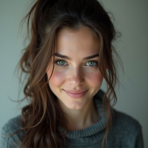  upper body, (facing the camera directly), beautiful (21yo) swedish woman with brunette hair in ponytail, (cyberpunk), smiling slightly