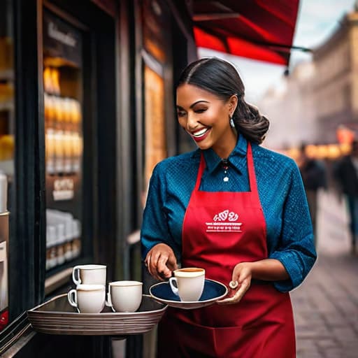  Selling coffee in a sunny morning hyperrealistic, full body, detailed clothing, highly detailed, cinematic lighting, stunningly beautiful, intricate, sharp focus, f/1. 8, 85mm, (centered image composition), (professionally color graded), ((bright soft diffused light)), volumetric fog, trending on instagram, trending on tumblr, HDR 4K, 8K