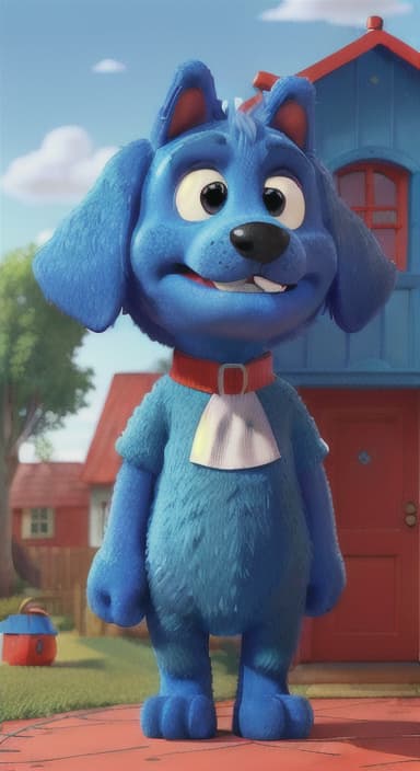  {Max the big blue dog standing in front of a cozy little house with a red door, The big blue dog is large with sky blue fur, big round eyes, a black nose, and floppy ears.