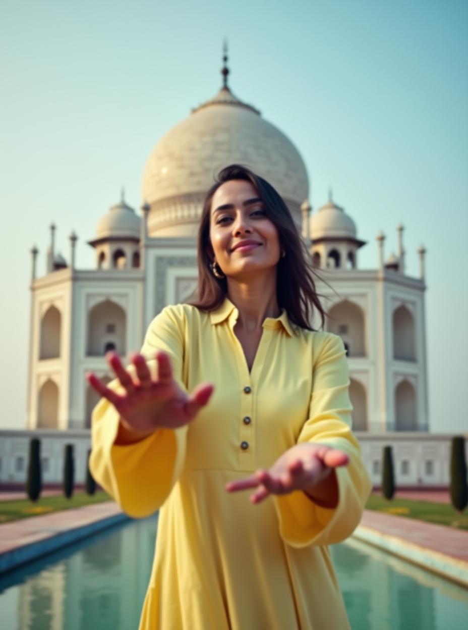  good quality, high quality, a low angle shot. an indian woman wearing a light yellow kameez. her face is lowered towards the camera, creating a dynamic and immersive perspective. she poses gracefully against taj mahal with dusky background. the focus is on the woman's face, with a slight blur on the background to enhance depth. the lighting is natural, casting soft shadows and enhancing the serene, airy mood. a ground angle shot that emphasizes her movement and expression, conveying a sense of freedom and elegance.