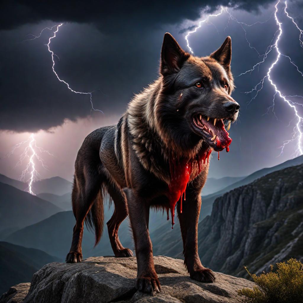  A multi-headed dog-like beast with blood dripping out of its mouth, growling with lightning in the background on the top of a mountain. The image should convey a dramatic and dark atmosphere, capturing the intensity of the scene. hyperrealistic, full body, detailed clothing, highly detailed, cinematic lighting, stunningly beautiful, intricate, sharp focus, f/1. 8, 85mm, (centered image composition), (professionally color graded), ((bright soft diffused light)), volumetric fog, trending on instagram, trending on tumblr, HDR 4K, 8K