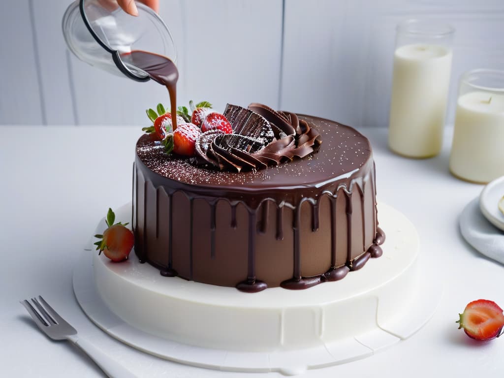  A closeup, ultradetailed image of a glossy, rich chocolate ganache being delicately poured over a decadent triplelayer chocolate cake, showcasing the smooth texture and luxurious shine of the ganache as it cascades down the sides of the cake. The dark, velvety chocolate contrasts beautifully against the pristine white cake stand, with tiny droplets of ganache suspended midair, capturing a moment of indulgent perfection in modern pastry artistry. hyperrealistic, full body, detailed clothing, highly detailed, cinematic lighting, stunningly beautiful, intricate, sharp focus, f/1. 8, 85mm, (centered image composition), (professionally color graded), ((bright soft diffused light)), volumetric fog, trending on instagram, trending on tumblr, HDR 4K, 8K