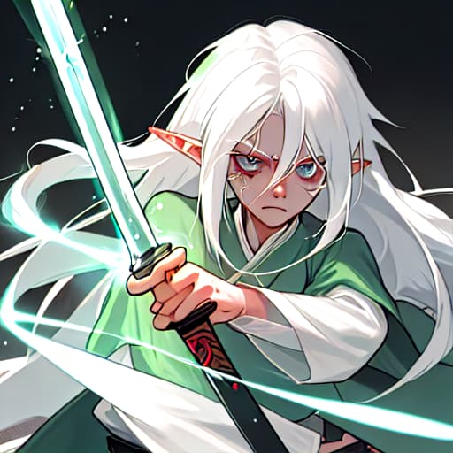  young elf, long white hair, electric swordsman, has a scar on his left eye