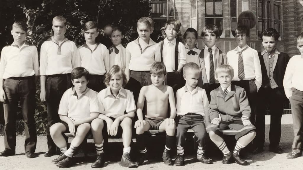  It was taken on September 1st 1986, exactly 128 days or 40 months and 4 days after the Chernobyl catastrophe took place. first day at in Gomel, Belarus. I had just turned seven year that summer. In the photo one can see my clmates. mates and our teacher. Some are standing with their arms hanging besides their bodies, while others are seated on a low bench with their hands neatly placed. placed on their . The students are arranged in three lines. Ten in the third top line, nine in the second middle line. the line and 13 in the first front line, totaling 32 students. There are 17 boys and 15 s. distinguished by the gr coat. My friend Gennady is the fourth from the right in the third top line. I am seated in the very