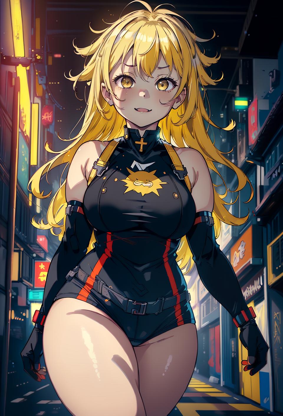  ((trending, highres, masterpiece, cinematic shot)), 1girl, chibi, chubby, female superhero outfit, medium-length messy yellow hair, parted bangs, narrow grey eyes, gloomy personality, happy expression, fair skin, epic, observant