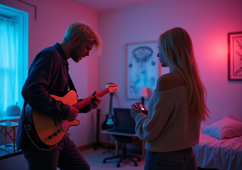  good quality, high quality, a blonde man plays guitar in a cool looking pink blue music studio bedroom, while a blonde girl sings, we cant see their faces their backs are turned on us