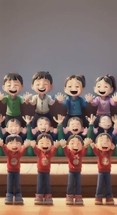  {A heartwarming scene of all the children waving goodbye with happy expressions., Children waving with wide smiles, looking grateful and content.