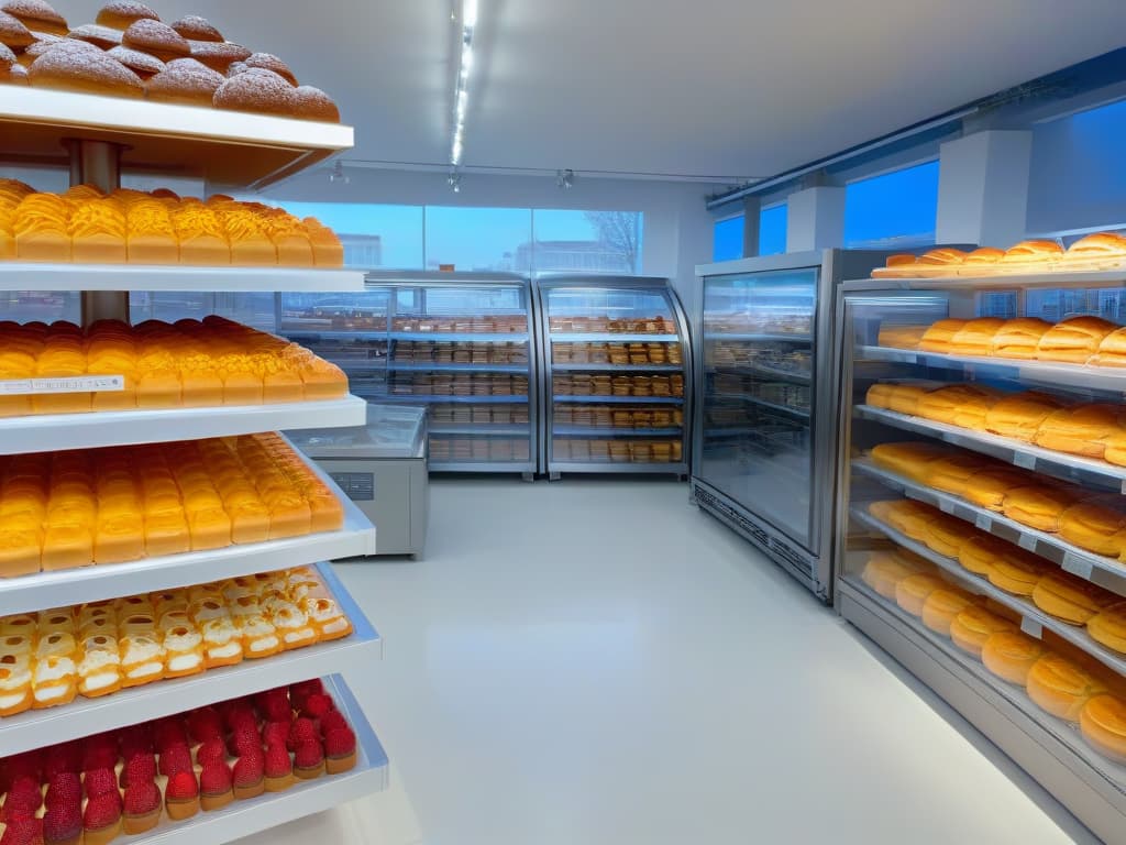  A sleek, minimalistic image of a modern bakery stocked with shelves of colorful pastries and cakes, with a small fleet of futuristic robots effortlessly gliding through the aisles, diligently managing inventory. The robots are sleek and white, complementing the clean aesthetic of the bakery, while the array of delectable treats adds a pop of vibrant colors to the scene. The robots are shown scanning barcodes, organizing products, and seamlessly coordinating inventory management operations, showcasing the seamless integration of technology in the traditional setting of a bakery. hyperrealistic, full body, detailed clothing, highly detailed, cinematic lighting, stunningly beautiful, intricate, sharp focus, f/1. 8, 85mm, (centered image composition), (professionally color graded), ((bright soft diffused light)), volumetric fog, trending on instagram, trending on tumblr, HDR 4K, 8K