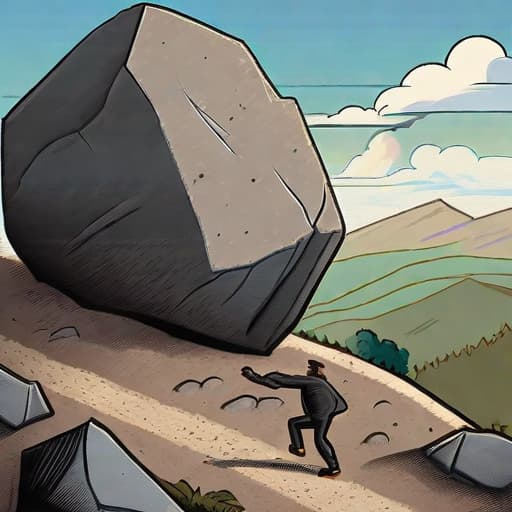  Muscular, bearded pharmacologist named Armin, long mustache, in tight black t shirt and jeans, pushing a massive boulder uphill on a steep, rocky road. Scene styled like the myth of Sisyphus, under dark stormy clouds, mountainous background, evoking gloom, sadness