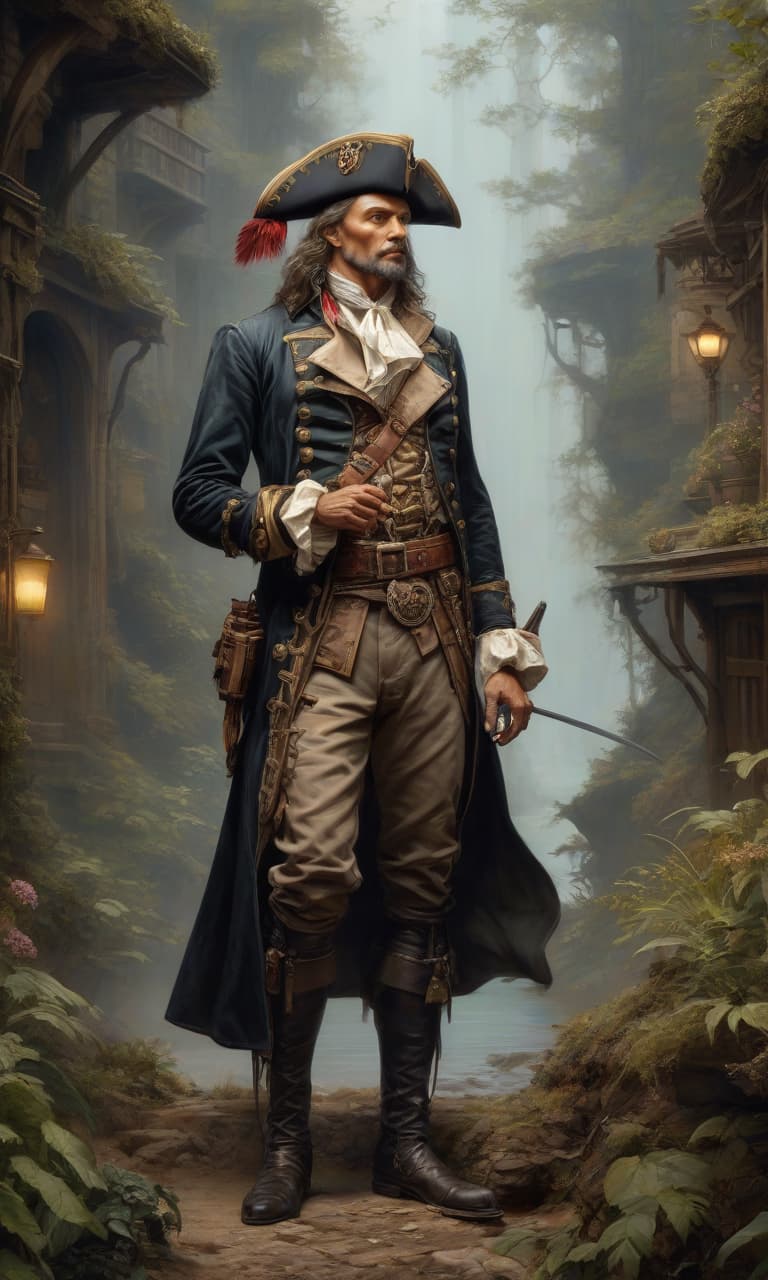  In the style of Jean Baptiste Monge, full length view, In the style of Jean Baptiste Monge, full length, closed portrait of a Victorian pirate painting in a picturesque mysterious environment intricate, elegant, very detailed, centered, digital painting, art, concept art, smooth, sharp focus, illustration, arterm, tomas alen coper, Peter Mm Yerbacher, Donato Gyancola, Joseph Christian Leyendecker, Wop Leyendecker, Wop, wlop, wop, Detailed look. soft colors, hyperrealistic, full body, detailed clothing, highly detailed, cinematic lighting, stunningly beautiful, intricate, sharp focus, f/1. 8, 85mm, (centered image composition), (professionally color graded), ((bright soft diffused light)), volumetric fog, trending on instagram, trending on tumblr, HDR 4K, 8K