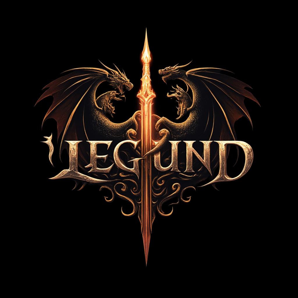  design a logo, custom sticker design on an isolated black background with the words ‘legend’ in bold font decorated by mythical dragons and a flaming sword