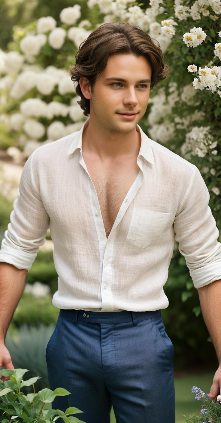   A young man with wavy brown hair and blue eyes is standing in a garden. He is wearing a white linen shirt and white pants. The man has a relaxed expression on his face. He is looking at the camera. The background is blurry. The image has a warm and inviting atmosphere.Art style: painterly, realisticArtist references: John Singer Sargent, Joaquín Sorolla y BastidaCamera settings: 85mm lens, f/2.8 aperture, 1/125 shutter speedLighting: soft, natural lightColors: warm, muted colorsEffects: shallow depth of field, vignetteTexture: smooth, creamy textureBackground: blurry gardenRendering: realistic, painterly rendering  hyperrealistic, full body, detailed clothing, highly detailed, cinematic lighting, stunningly beautiful, intricate, sharp focus, f/1. 8, 85mm, (centered image composition), (professionally color graded), ((bright soft diffused light)), volumetric fog, trending on instagram, trending on tumblr, HDR 4K, 8K