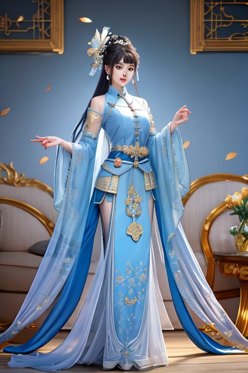  Tang Dynasty beauty, blue calico, q, IP image, three view, blue, full body portrait, vector illustration, hands at sides hyperrealistic, full body, detailed clothing, highly detailed, cinematic lighting, stunningly beautiful, intricate, sharp focus, f/1. 8, 85mm, (centered image composition), (professionally color graded), ((bright soft diffused light)), volumetric fog, trending on instagram, trending on tumblr, HDR 4K, 8K