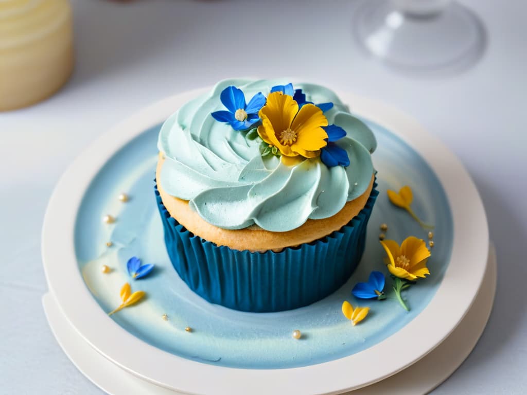  A closeup, ultradetailed image of a beautifully decorated cupcake with intricate swirls of pastelcolored frosting, delicate edible flowers, and shimmering gold leaf accents on a white, minimalist plate. The cupcake is perfectly centered in the frame, showcasing the artistry and precision of the branding and presentation techniques discussed in the article. The lighting is soft, highlighting the textures and colors of the dessert, creating an elegant and visually captivating composition that embodies the essence of effective branding in the realm of pastry and confectionery. hyperrealistic, full body, detailed clothing, highly detailed, cinematic lighting, stunningly beautiful, intricate, sharp focus, f/1. 8, 85mm, (centered image composition), (professionally color graded), ((bright soft diffused light)), volumetric fog, trending on instagram, trending on tumblr, HDR 4K, 8K