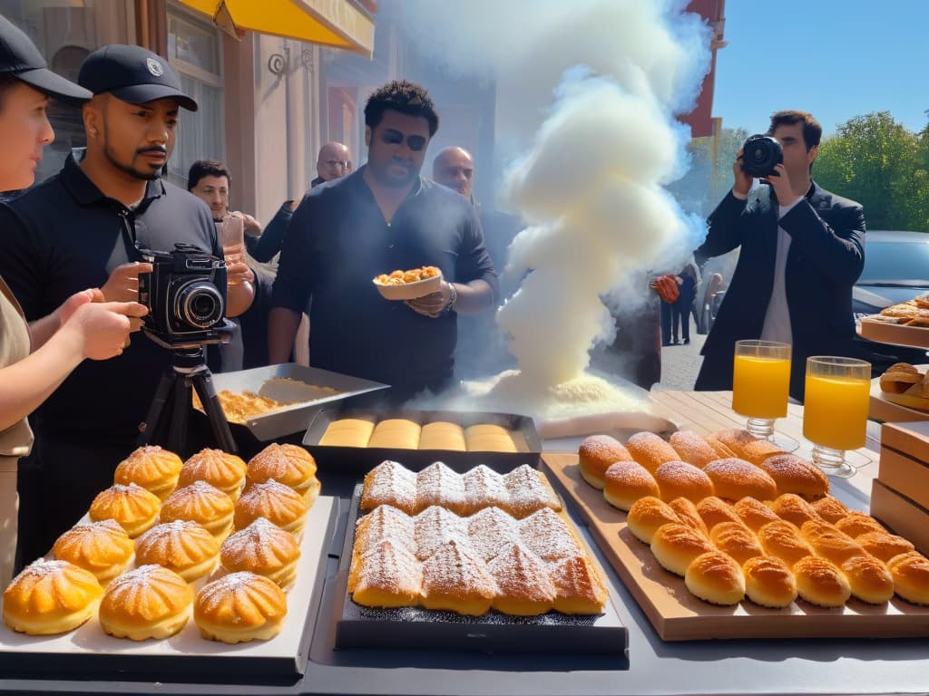  A minimalistic illustration of a diverse group of people, including a baker, a journalist with a notepad, a camera operator, and a local radio host, all gathered around a table sharing pastries and discussing a baking contest. The background should feature subtle hints of a local bakery setting, with a warm and inviting color palette to evoke a sense of community collaboration. hyperrealistic, full body, detailed clothing, highly detailed, cinematic lighting, stunningly beautiful, intricate, sharp focus, f/1. 8, 85mm, (centered image composition), (professionally color graded), ((bright soft diffused light)), volumetric fog, trending on instagram, trending on tumblr, HDR 4K, 8K