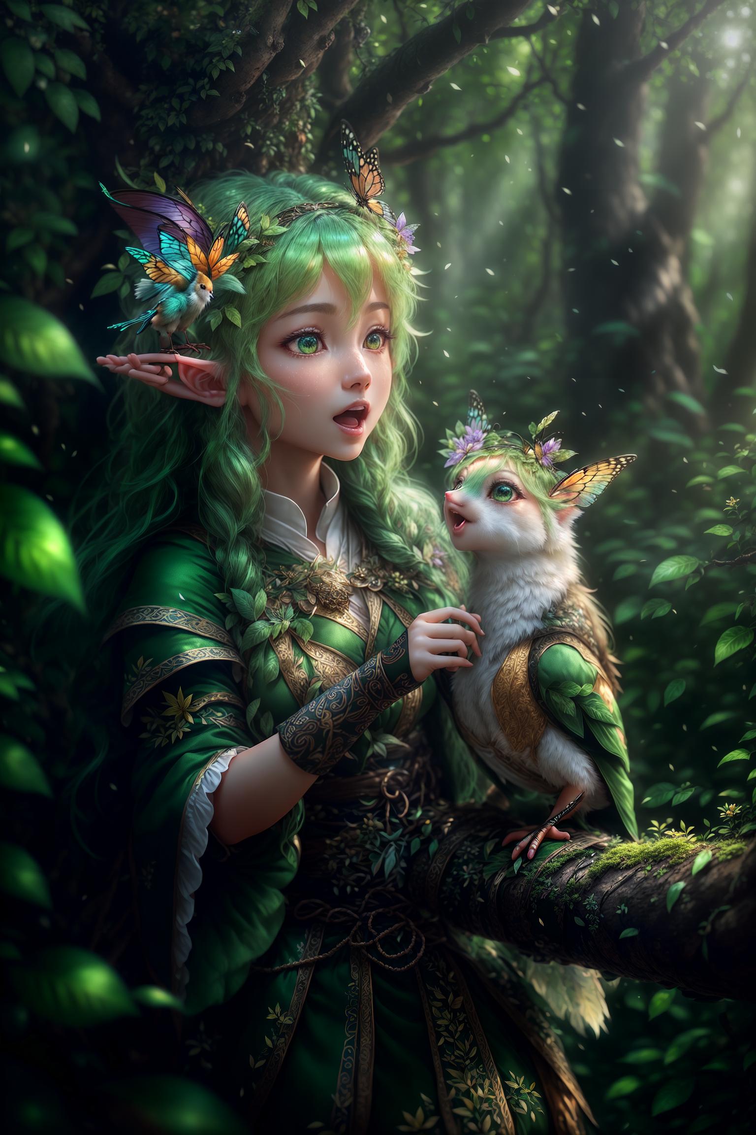  Aiko, (elf characteristics:1.2), (appears small, light, and full of vitality), (possesses transparent or semi transparent butterfly wings), (natural elements:1.0), (as a forest elf), (wearing clothing made of leaves and flowers), (weaving various wild flowers and grasses into her hair), (piercing scream:1.0), (depicting an open mouth and excited expression), (highlighting her powerful and soul shaking vocal abilities), (close to nature:1.0), (a bird perched on her hand), (interacting with small animals), (indicating a close connection with the natural world), (deep forest:1.2), (main scene is a dark and mysterious forest), (filled with towering swaying trees), (winding paths), (thick moss covering the ground), (active trees:1.0), (adding el hyperrealistic, full body, detailed clothing, highly detailed, cinematic lighting, stunningly beautiful, intricate, sharp focus, f/1. 8, 85mm, (centered image composition), (professionally color graded), ((bright soft diffused light)), volumetric fog, trending on instagram, trending on tumblr, HDR 4K, 8K