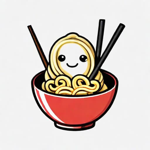  Draw a cute, smiling bowl of noodles with chopsticks sticking out, representing the friendly and delicious nature of your Yummy Noodles restaurant. ((for a logo)), minimalistic, vector illustration, (simple), (white background), no background, for a company, strong color contrast