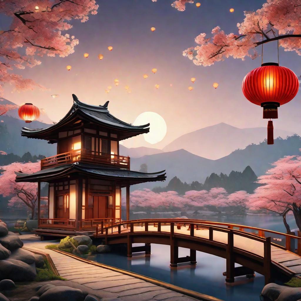  masterpiece, best quality, (fidelity:1.4), best quality, masterpiece, ultra high resolution, 8k resolution, night view inspired by Japanese art, featuring a garden illuminated by paper lanterns and a wooden bridge spanning a tranquil lake with a small Zen temple beside the lake.