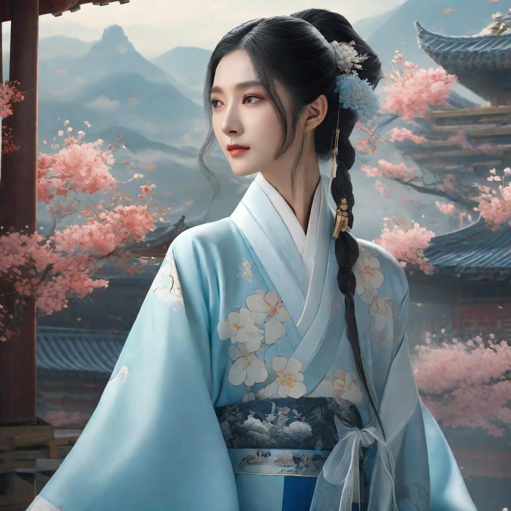  masterpiece, best quality, (Fidelity: 1.4), Best Quality, Masterpiece, Ultra High Resolution, Poster, Fantasy Art, Very Detailed Faces, 8k resolution, Chinese Style, An woman, Side Face, Quiet, Light Blue Hanfu, Tulle Coat, Long Black Hair, Light Blue Fringed Hair Ornament, Hairpin, White Ribbon, White Flower Bush, Light Blue Butterfly Flying, cinematic lighting effects