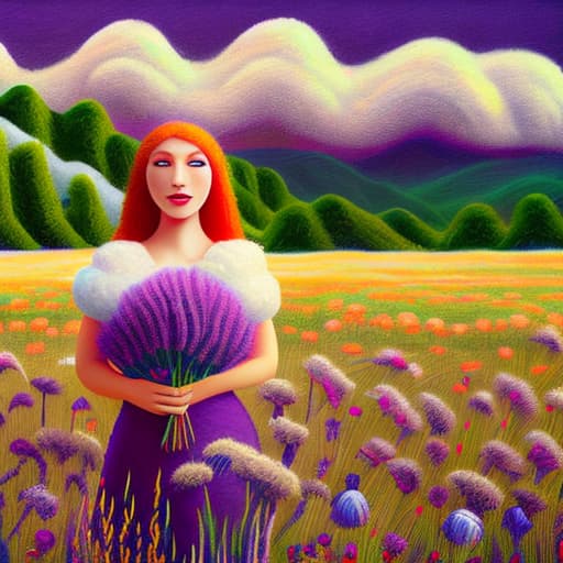 wa-vy style Tall grass, poppies and purple lupins in field. Mountains in distance, Blond haired girl in white dress holding bouquet of flowers sky is blue few clouds sun streams through clouds vivid colors looks like impressionistic painting painting vivid color dream like