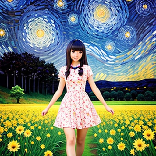  pretty anime girl, flowery field, starry night