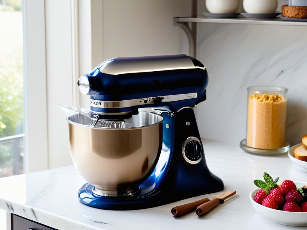  An ultradetailed closeup image of a sleek, highend stand mixer in a luxurious kitchen setting. The mixer, with a glossy metallic finish, is elegantly displayed on a marble countertop, surrounded by a scattering of artisanal baking ingredients like vanilla pods, fresh berries, and premium chocolate chunks. The soft, natural light filtering through a nearby window highlights the mixer's clean lines and modern design, emphasizing its premium quality and professional appeal. hyperrealistic, full body, detailed clothing, highly detailed, cinematic lighting, stunningly beautiful, intricate, sharp focus, f/1. 8, 85mm, (centered image composition), (professionally color graded), ((bright soft diffused light)), volumetric fog, trending on instagram, trending on tumblr, HDR 4K, 8K