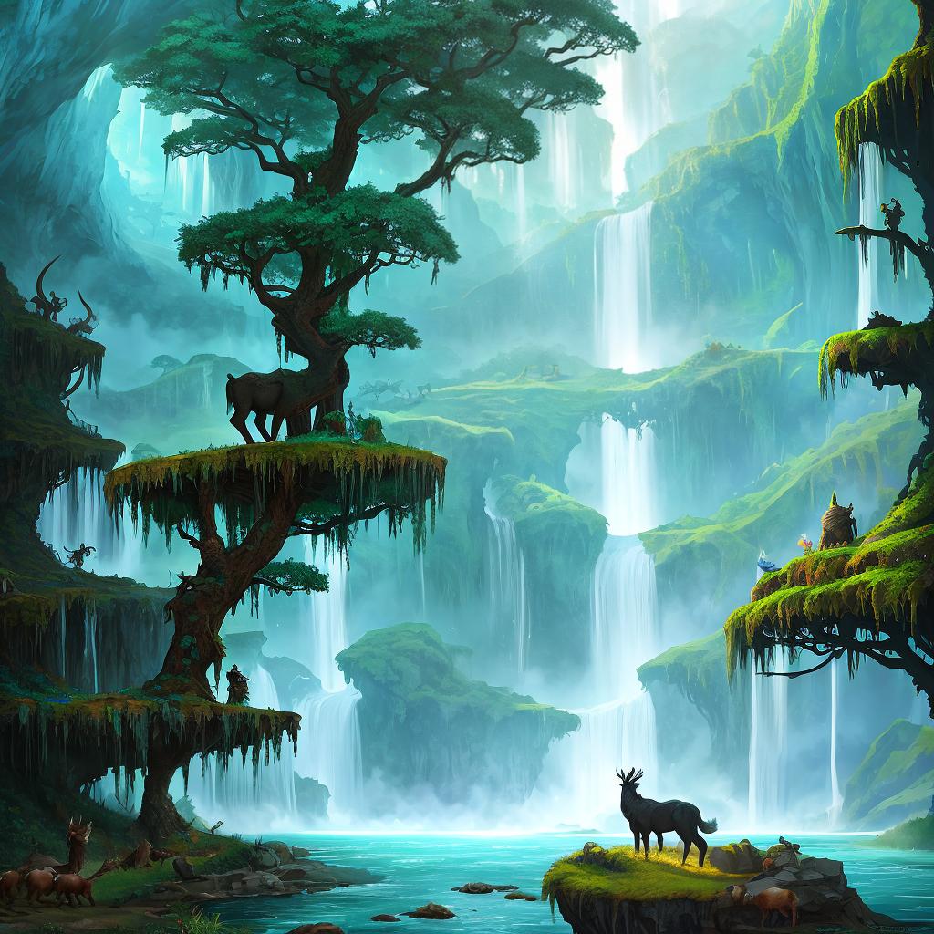  in a fantasy setting, Paint a surreal landscape where mythical beasts roam amidst cascading waterfalls.